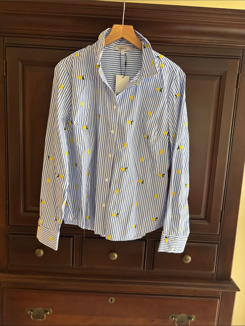 Avara Blue Stripe Button-Down Blouse with Yellow lemon Motif